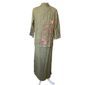 Vintage Koret Womens Dress Jacket Set Embroidered Olive Green Lagenlook Oversize